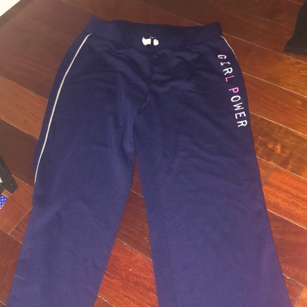 Navy blue dorm pants white stripes and girl power!